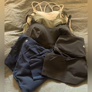 Lululemon lot. 3 “like a cloud” bras. 2 pair tights/joggers